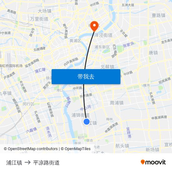 浦江镇 to 平凉路街道 map