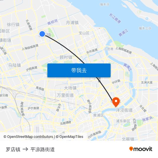 罗店镇 to 平凉路街道 map