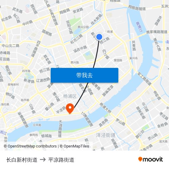 长白新村街道 to 平凉路街道 map