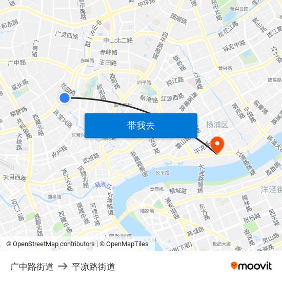 广中路街道 to 平凉路街道 map
