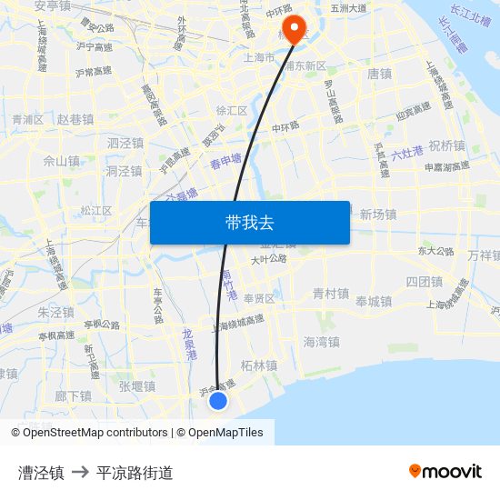 漕泾镇 to 平凉路街道 map