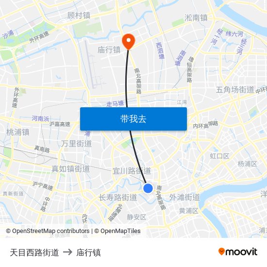 天目西路街道 to 庙行镇 map