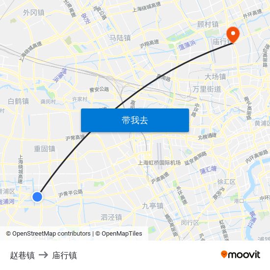 赵巷镇 to 庙行镇 map