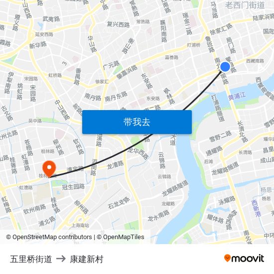 五里桥街道 to 康建新村 map