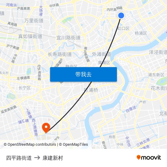 四平路街道 to 康建新村 map