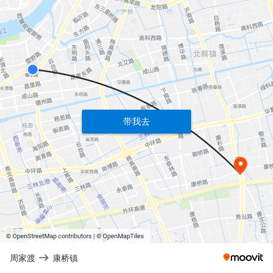 周家渡 to 康桥镇 map