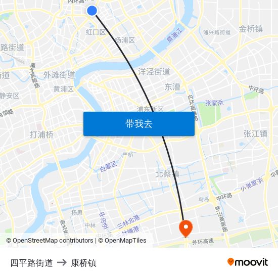 四平路街道 to 康桥镇 map