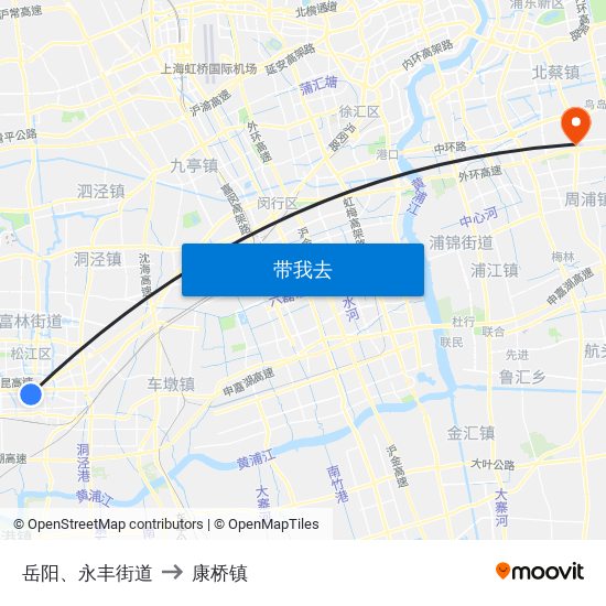 岳阳、永丰街道 to 康桥镇 map