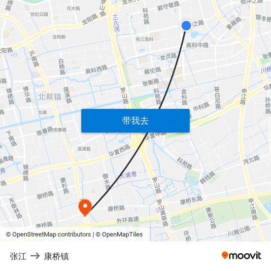 张江 to 康桥镇 map