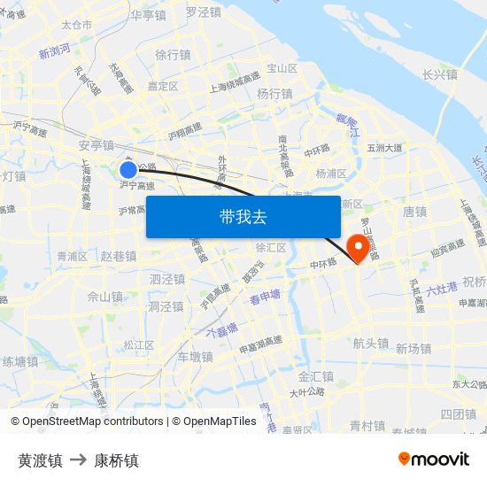 黄渡镇 to 康桥镇 map