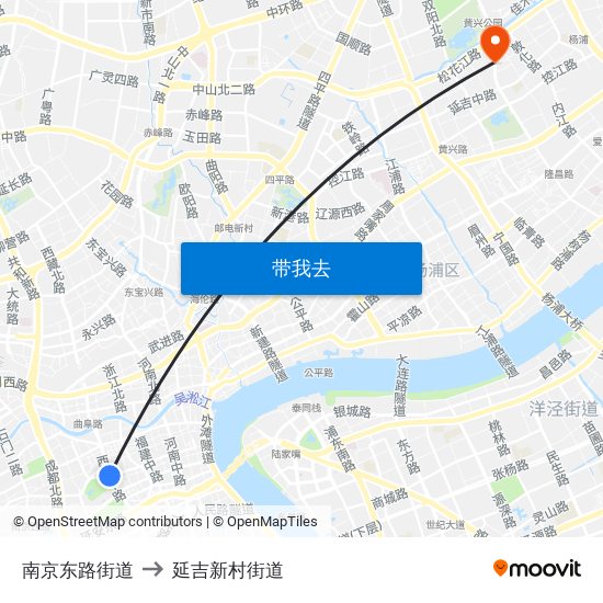 南京东路街道 to 延吉新村街道 map