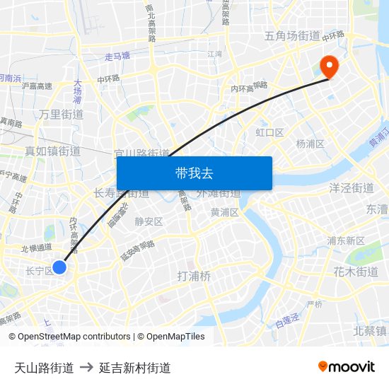 天山路街道 to 延吉新村街道 map