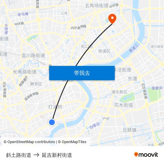 斜土路街道 to 延吉新村街道 map