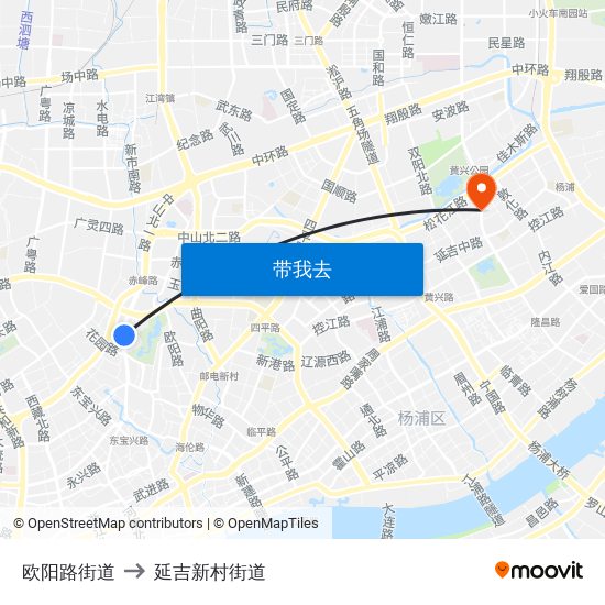 欧阳路街道 to 延吉新村街道 map