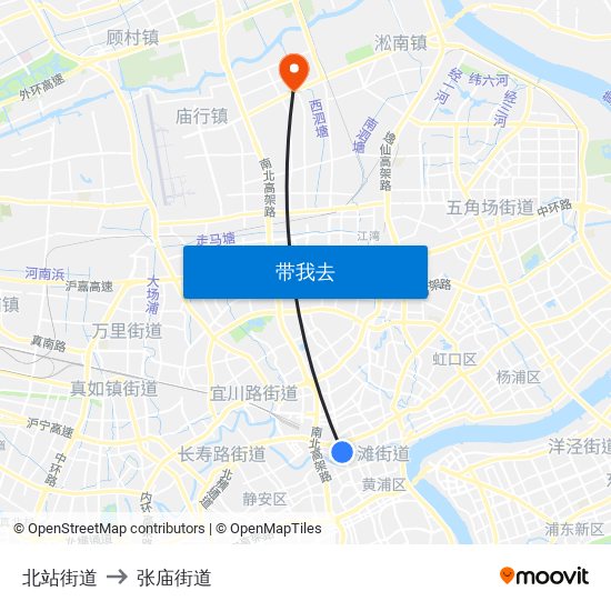 北站街道 to 张庙街道 map