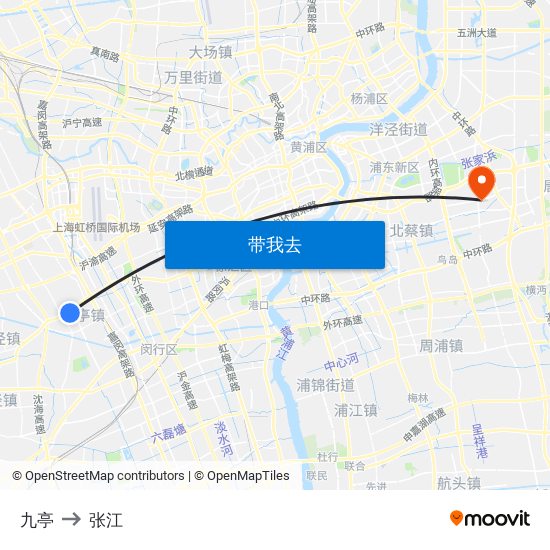 九亭 to 张江 map