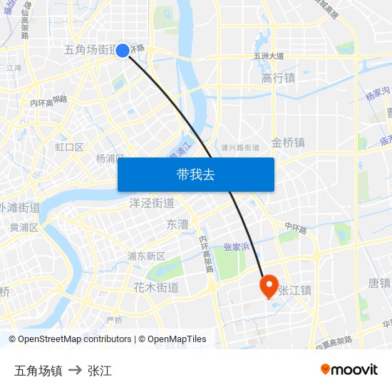 五角场镇 to 张江 map