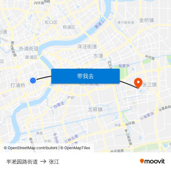 半淞园路街道 to 张江 map