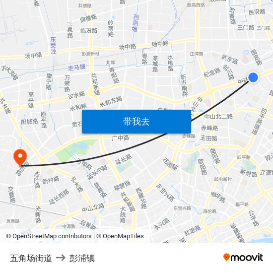 五角场街道 to 彭浦镇 map