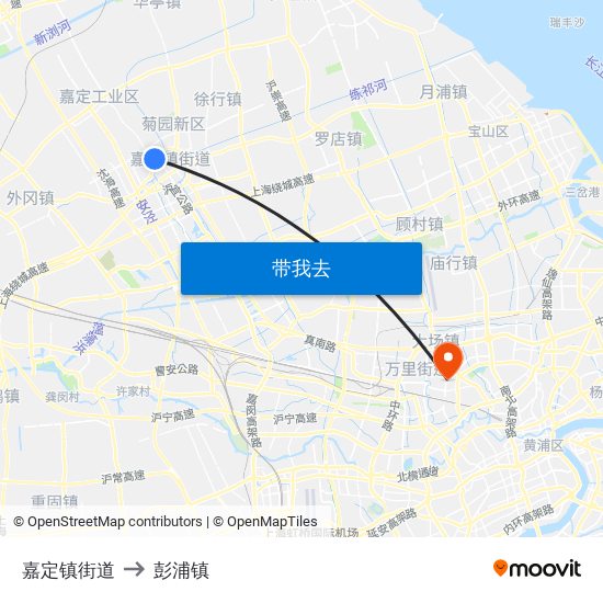 嘉定镇街道 to 彭浦镇 map