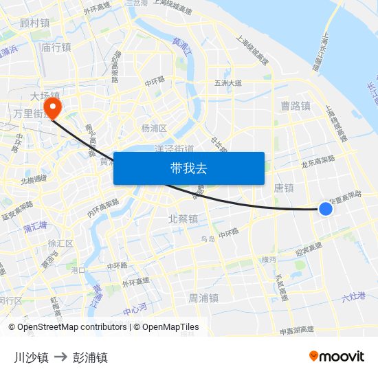 川沙镇 to 彭浦镇 map