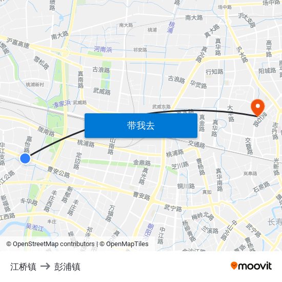 江桥镇 to 彭浦镇 map