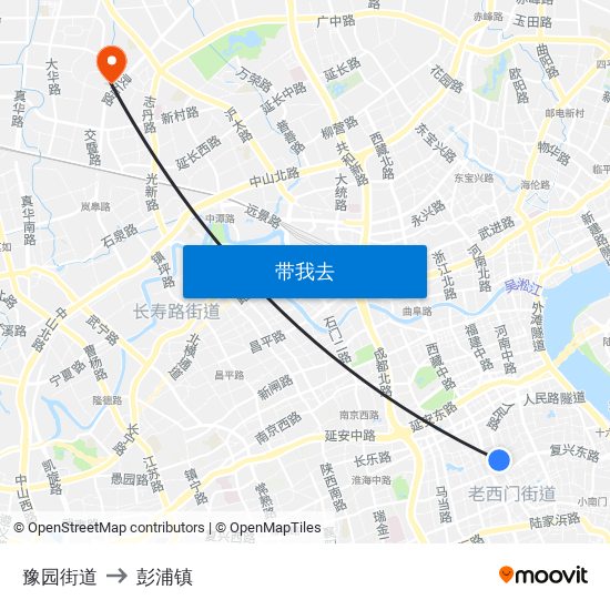 豫园街道 to 彭浦镇 map