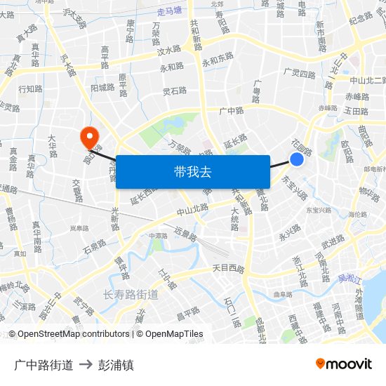 广中路街道 to 彭浦镇 map