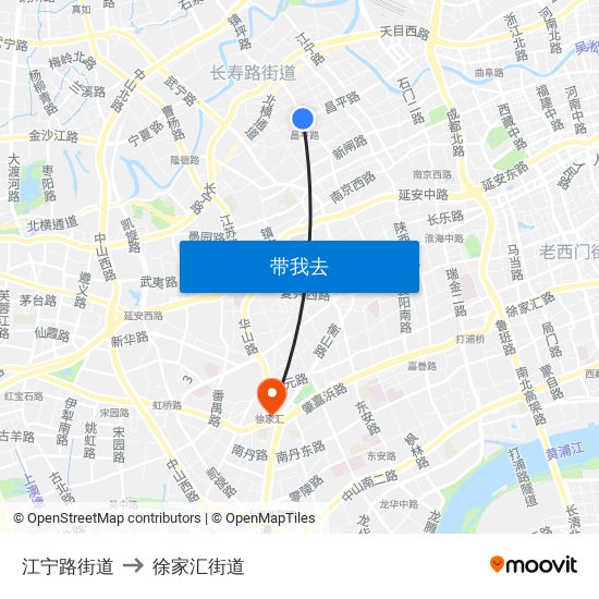 江宁路街道 to 徐家汇街道 map