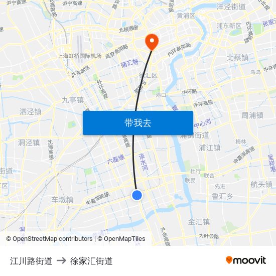 江川路街道 to 徐家汇街道 map