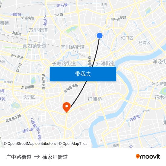 广中路街道 to 徐家汇街道 map