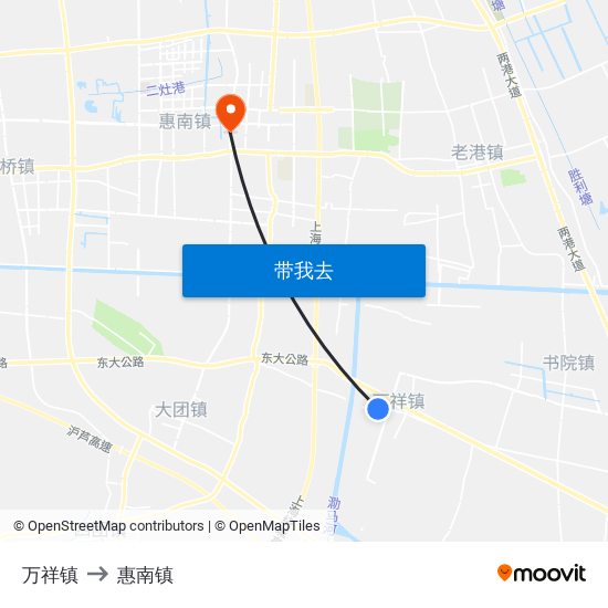 万祥镇 to 惠南镇 map