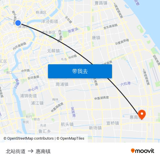 北站街道 to 惠南镇 map