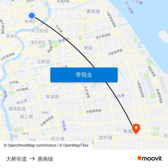 大桥街道 to 惠南镇 map