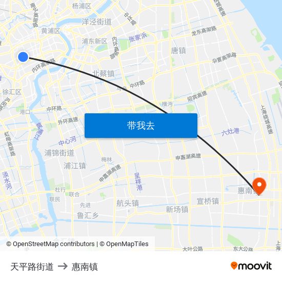 天平路街道 to 惠南镇 map