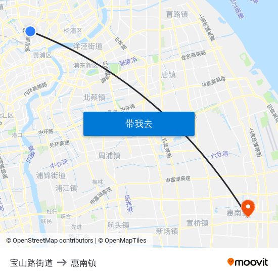 宝山路街道 to 惠南镇 map