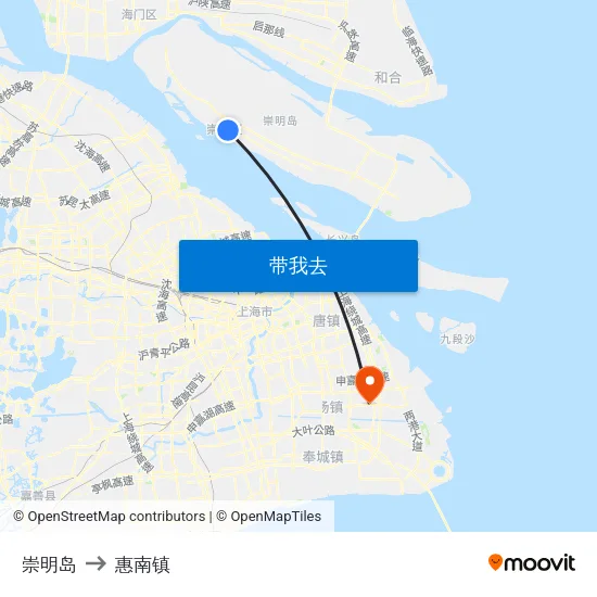 崇明岛 to 惠南镇 map