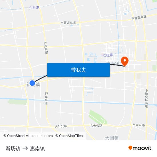 新场镇 to 惠南镇 map