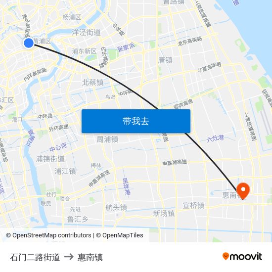 石门二路街道 to 惠南镇 map