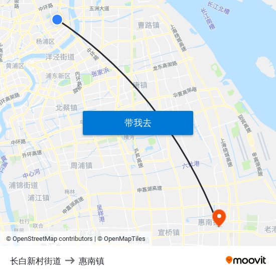 长白新村街道 to 惠南镇 map