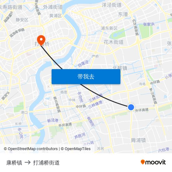 康桥镇 to 打浦桥街道 map
