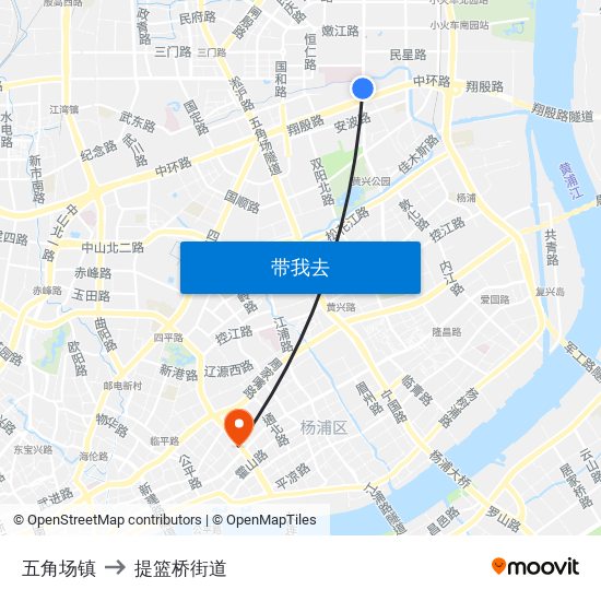 五角场镇 to 提篮桥街道 map