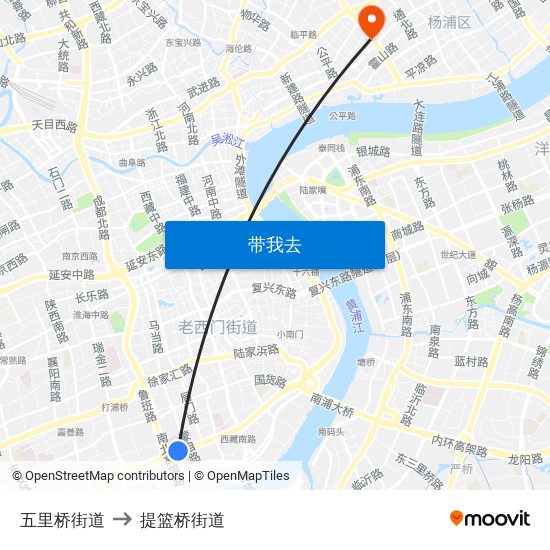 五里桥街道 to 提篮桥街道 map