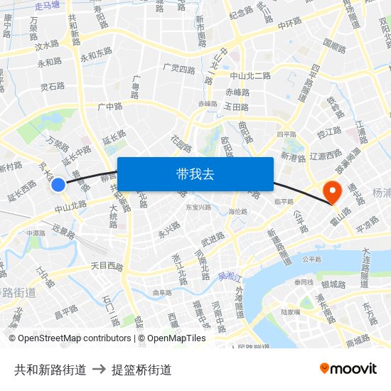 共和新路街道 to 提篮桥街道 map