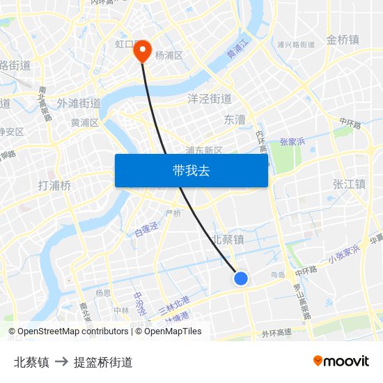 北蔡镇 to 提篮桥街道 map