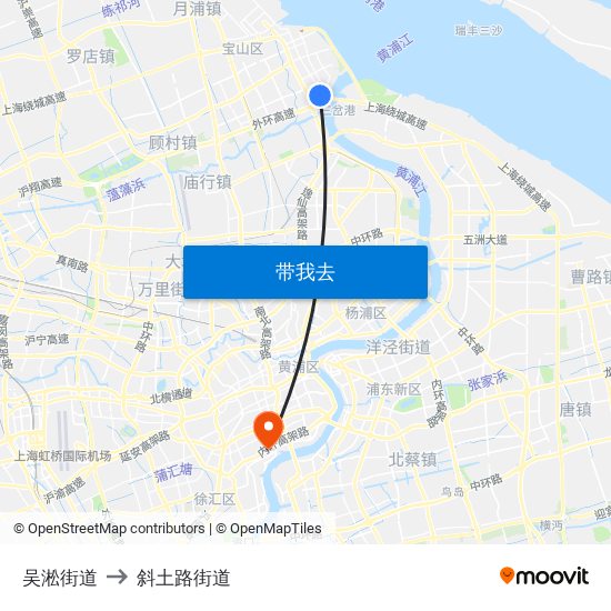 吴淞街道 to 斜土路街道 map