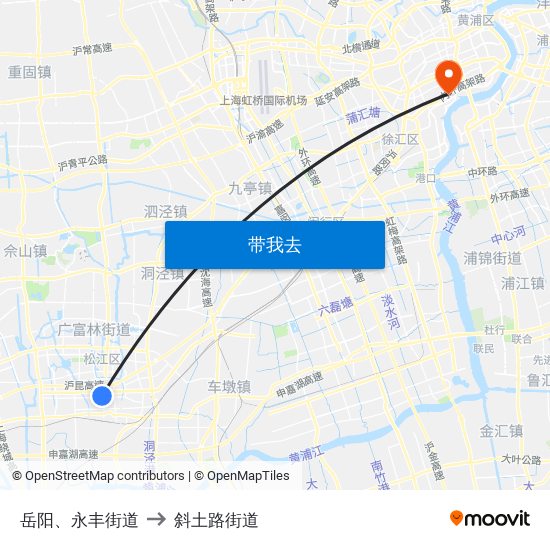 岳阳、永丰街道 to 斜土路街道 map