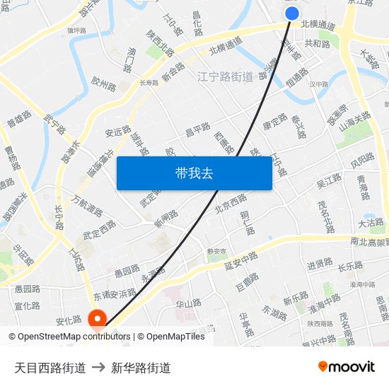 天目西路街道 to 新华路街道 map