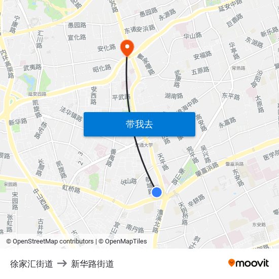 徐家汇街道 to 新华路街道 map