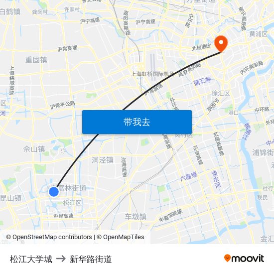 松江大学城 to 新华路街道 map